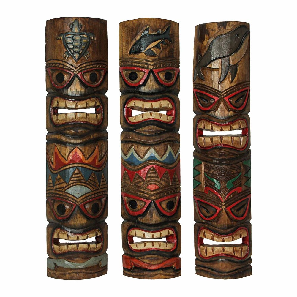 Set Of 3 Hand-carved Brown Wood Double Tiki Mask Ocean Animal Totem Wall Decor💓